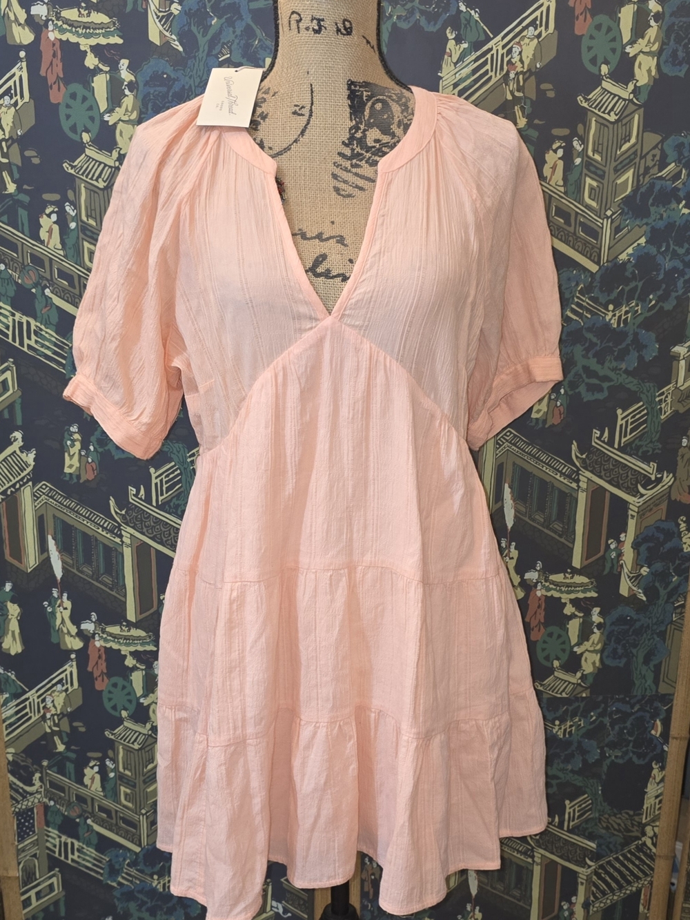 Women's Puff Elbow Sleeve Crinkle Tiered Dress - Universal Thread Peach Med